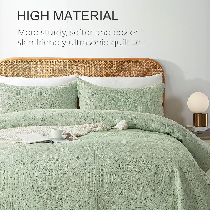 WURUIBO Full/Queen Quilt Set Sage Green Ultrasonic Embossed Bedspread  Lightweight Microfiber Coverlet  Modern Thin Bedding Set for All Season  3 Piece(1 Quilt 2 Pillow Shams) - Image 3